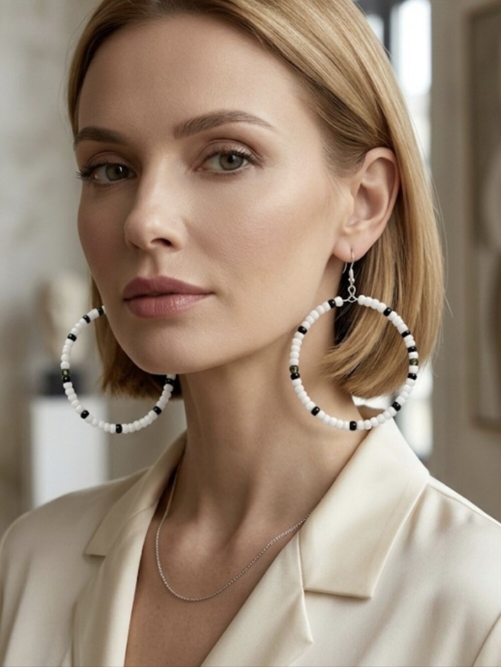 White and Black Beaded Hoop Earrings - Elegant Women's 8 Cm